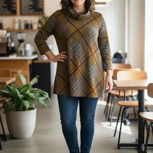 John Mark Multicolor Plaid Cowl Neck Sweater